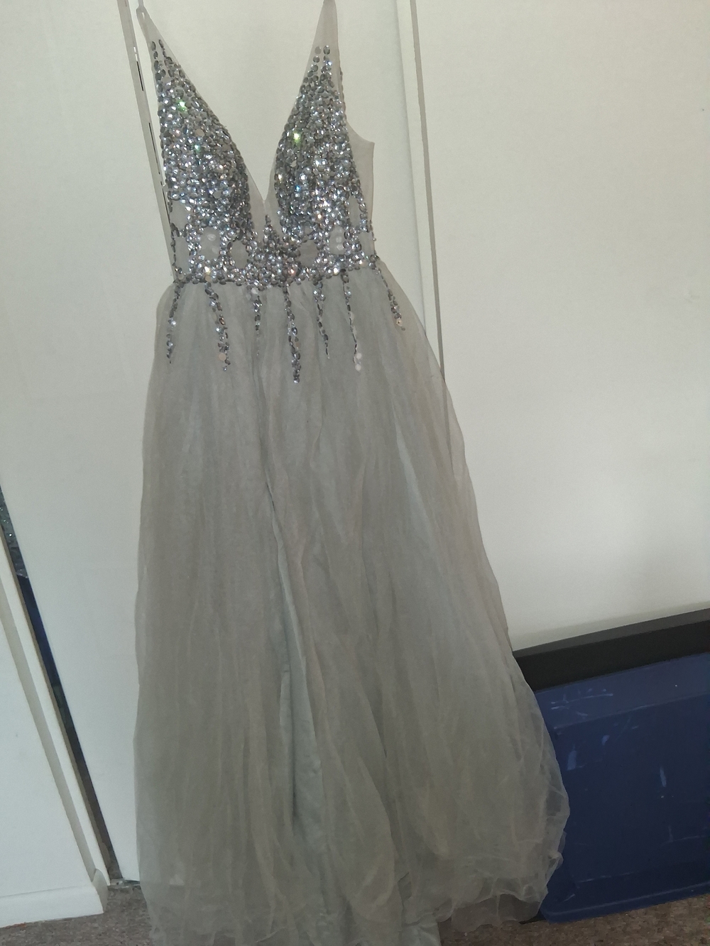 Silver Beaded Deep V Prom Gown